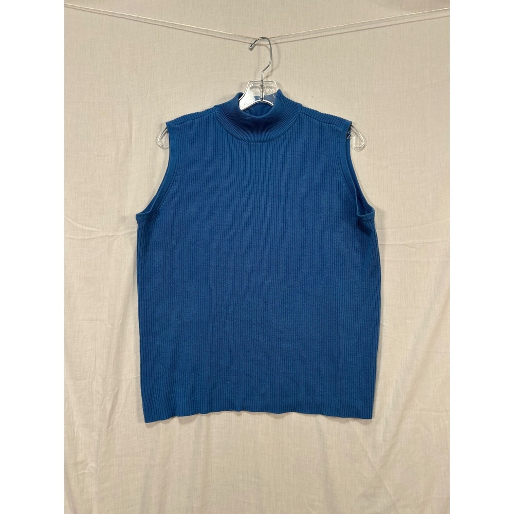 Studio Works Woman Blue Ribbed Sleeveless Mock Neck Sweater Top Size L